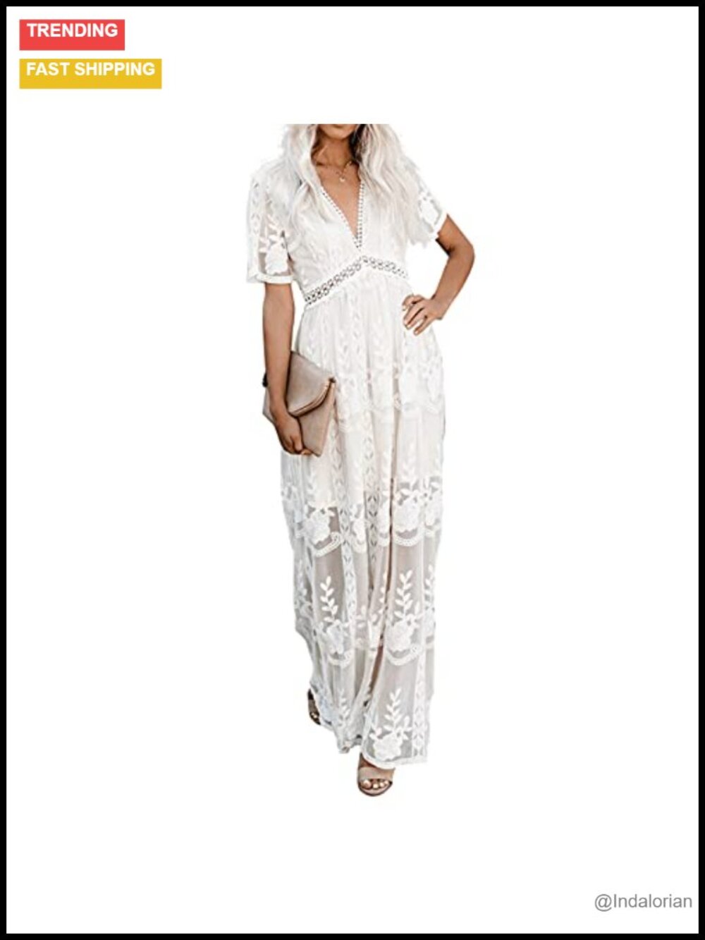 Womens Floral Lace Formal Maxi Dress V-Neck Short Sleeve